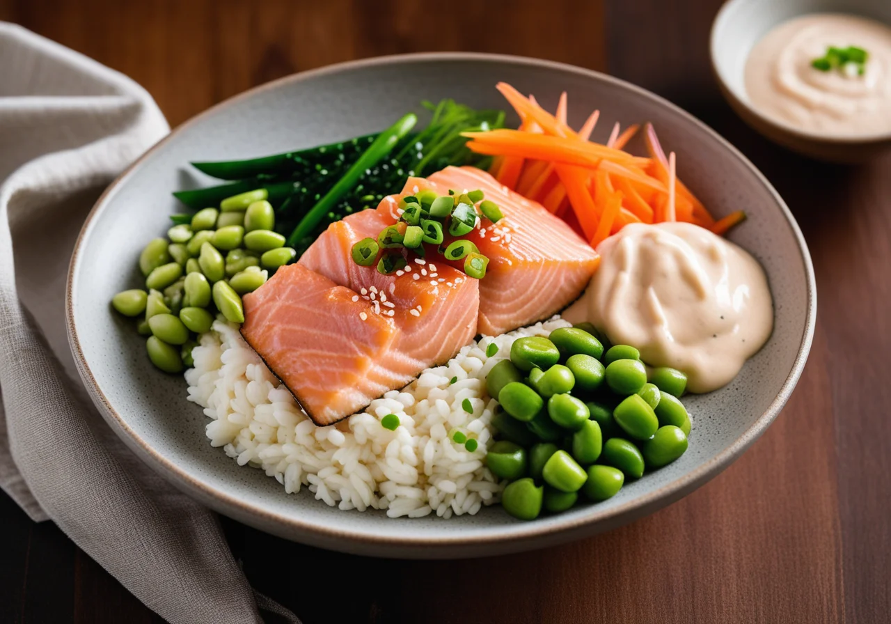Rice Bowl with Salmon, Kimchi, Edamame and Miso Yogurt