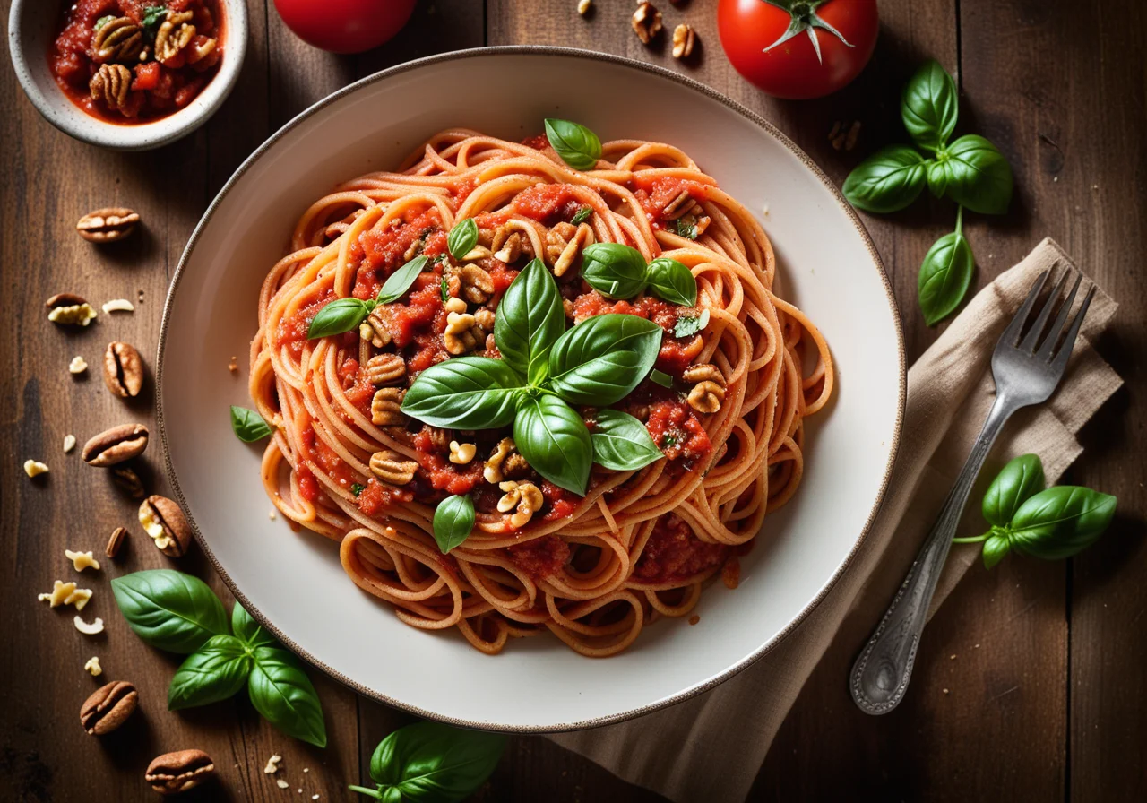 Whole wheat pasta with tomato sauce and nuts