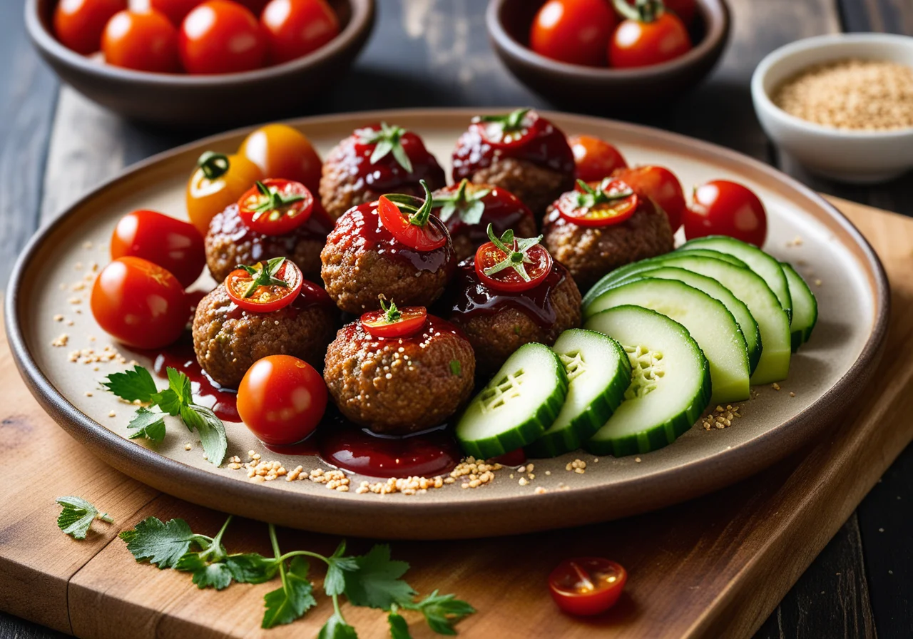 Sesame Meatballs with Cucumber and Tomato