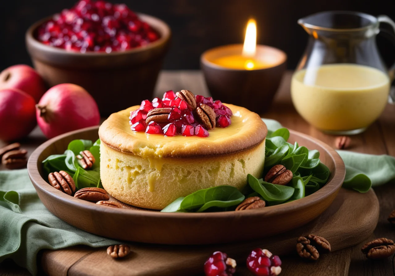 Cheese Soufflé and Salad with Pecans and Pomegranate