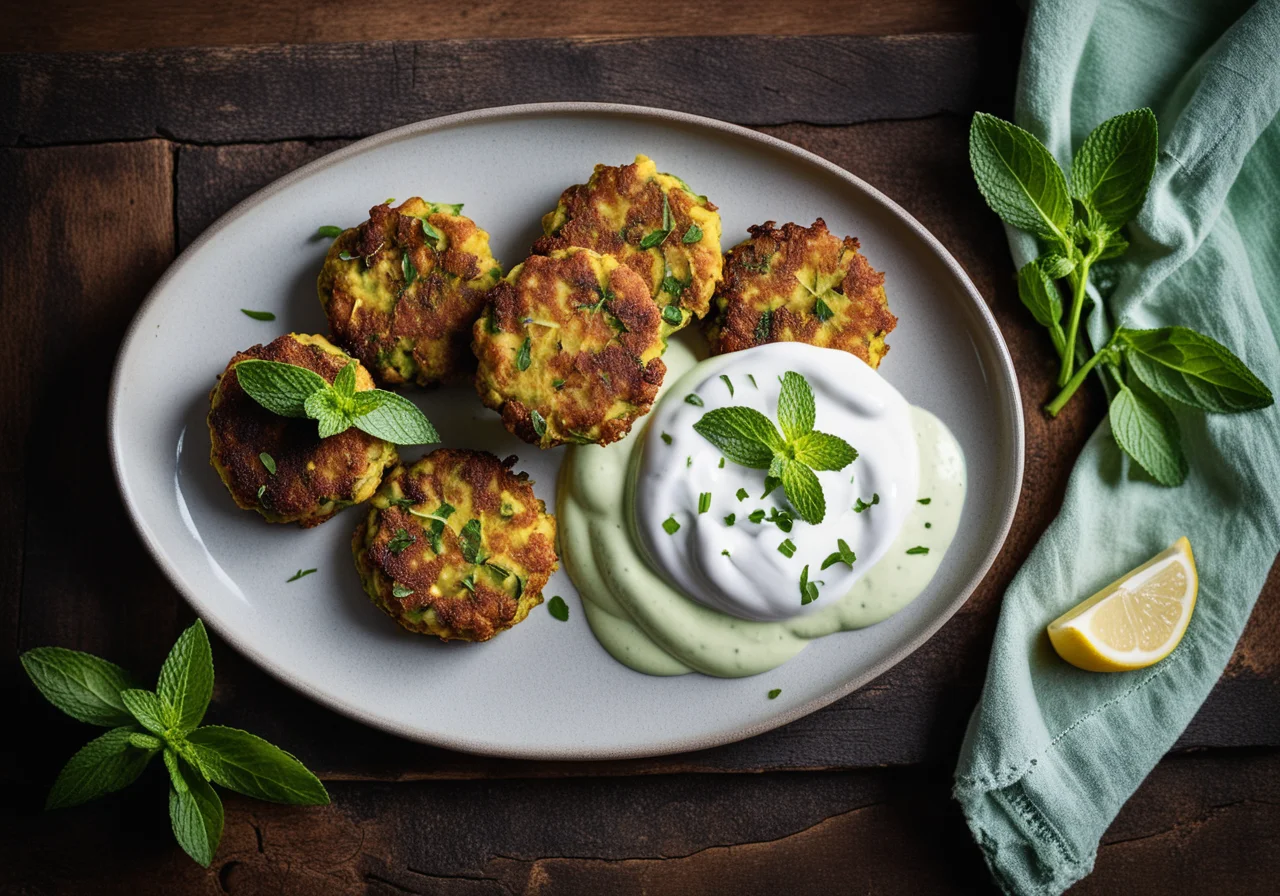 Zucchini-Pea Fritters with Lemon and Mint Yogurt Dip