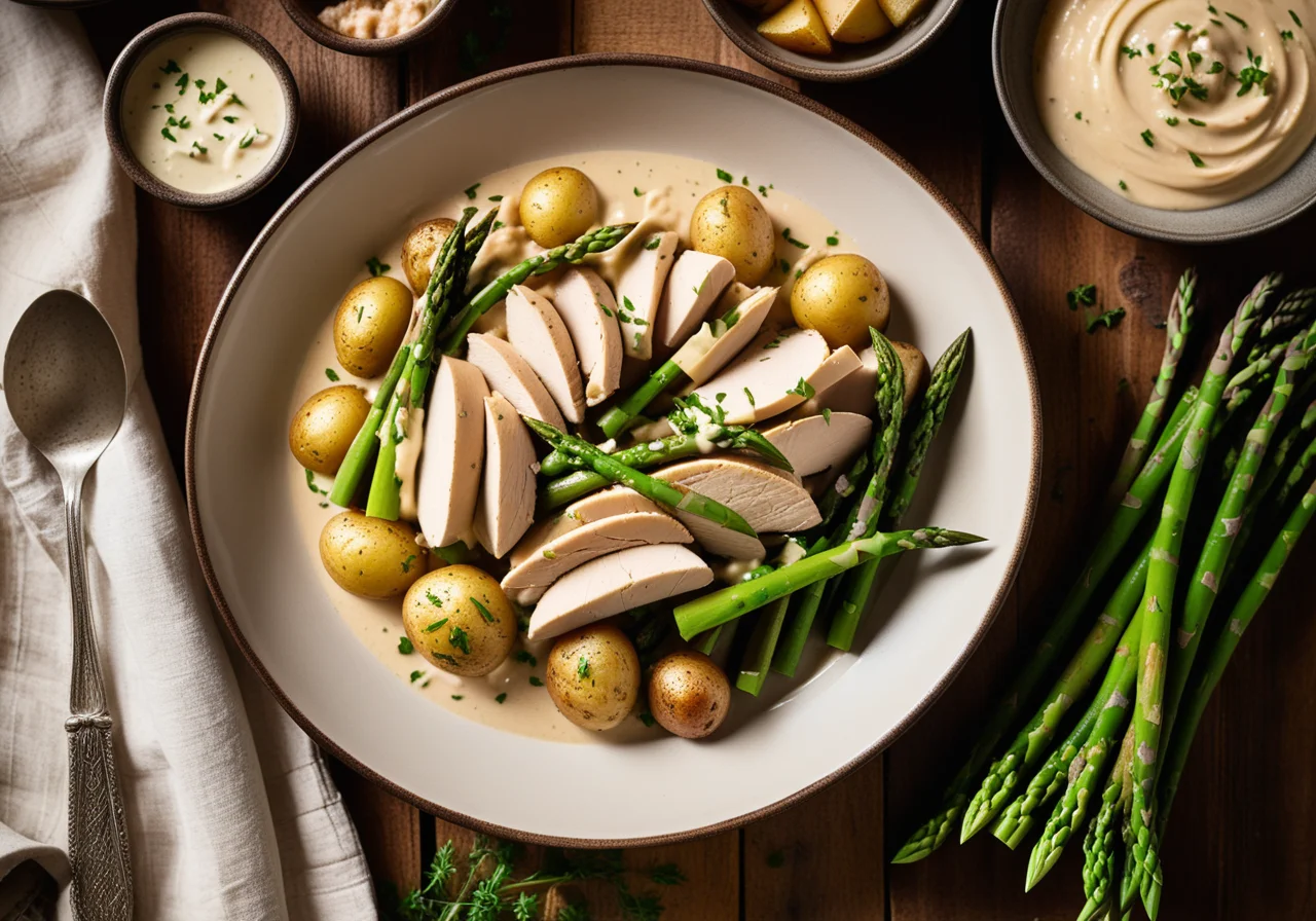 Chicken Breast with Green Asparagus and Potatoes in Cream Sauce