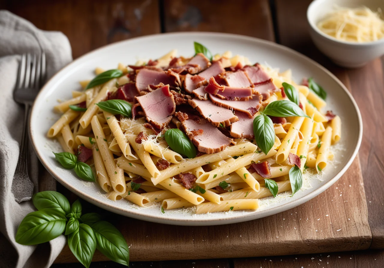 Pasta with Leek, Turkey Bacon and Herbs