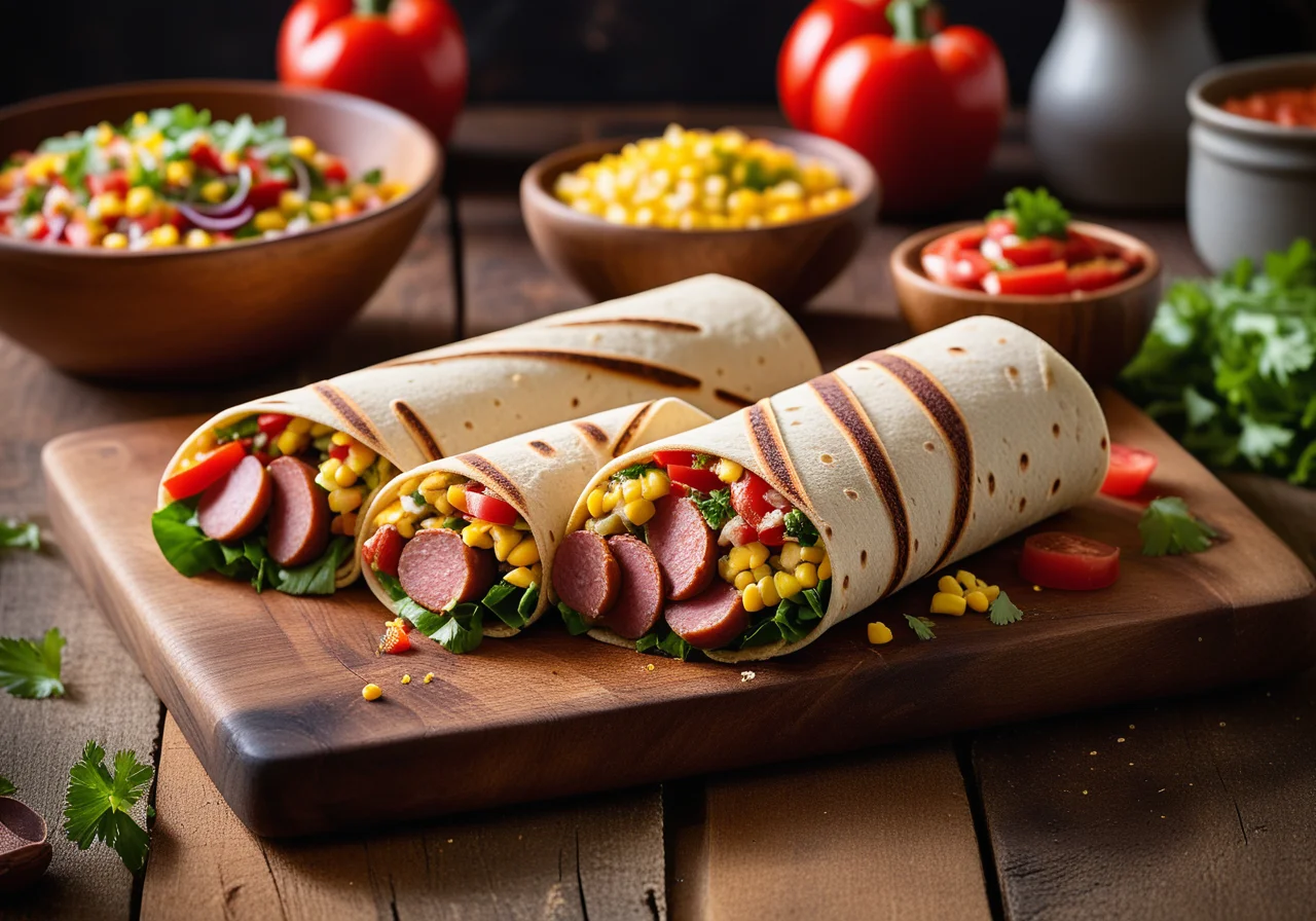 Wraps filled with sausages and vegetables