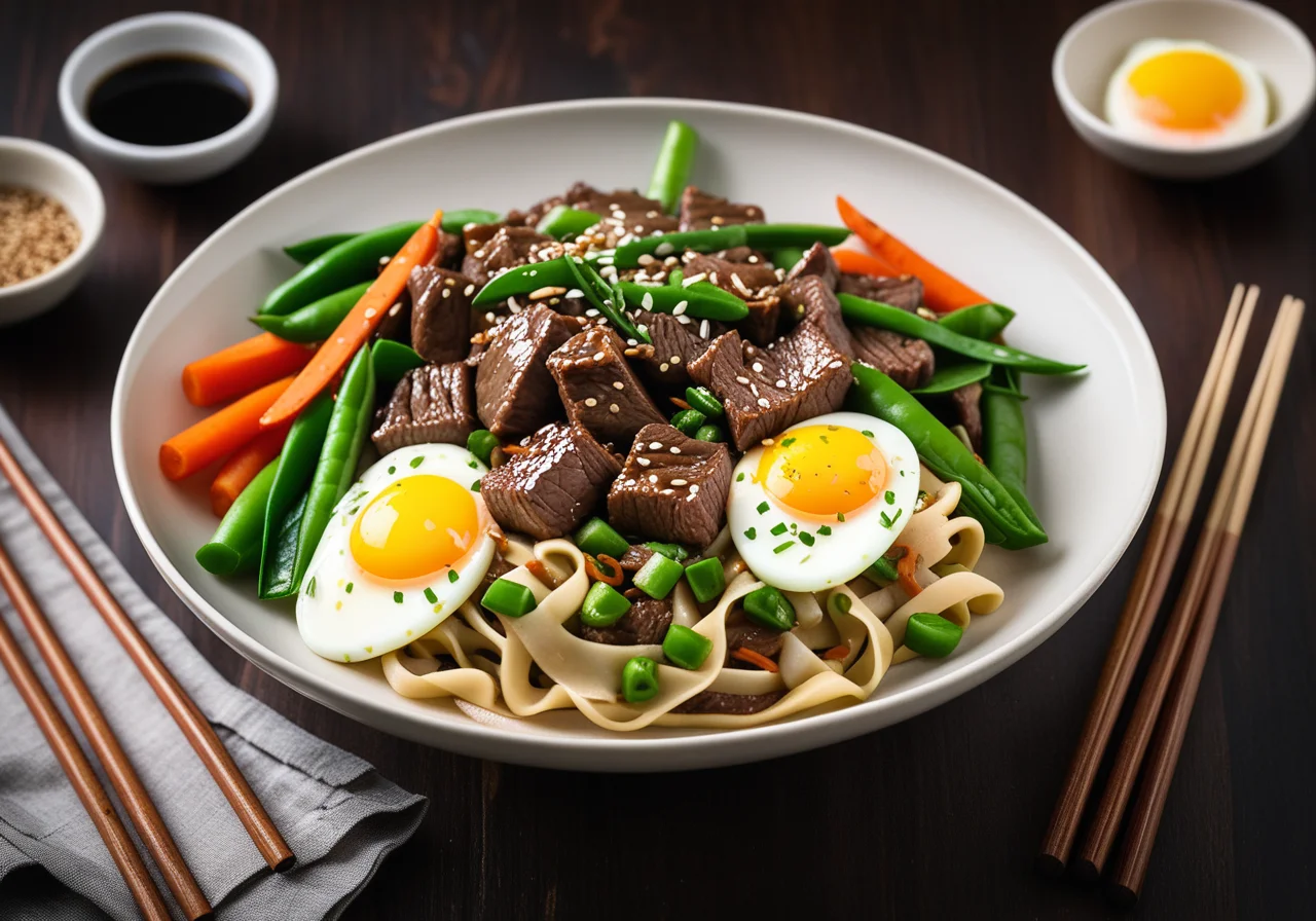 Vegetable stir‑fry with beef, teriyaki sauce and egg noodles