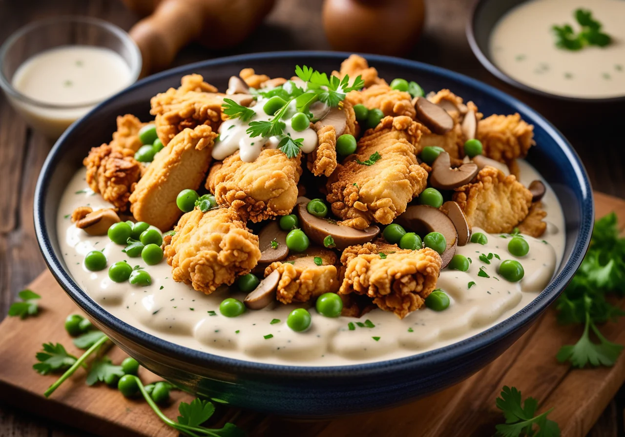 Chicken Strips with Creamy Vegetable Pasta