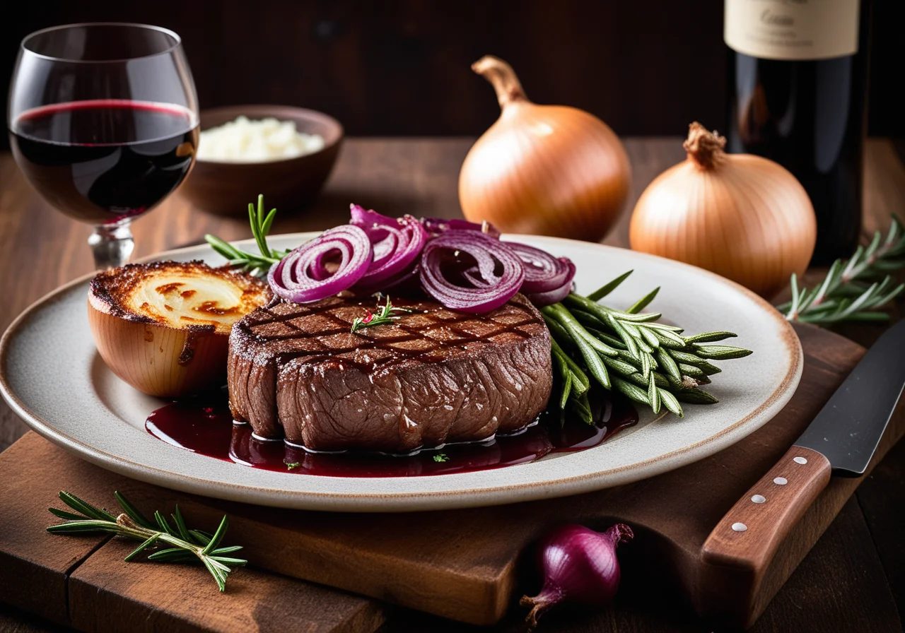 Rumpsteak mit Rotweinzwiebeln