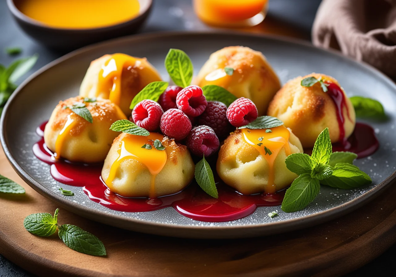 Frittierte Ricottanocken (Frittelle di ricotta) in Fruchtsauce