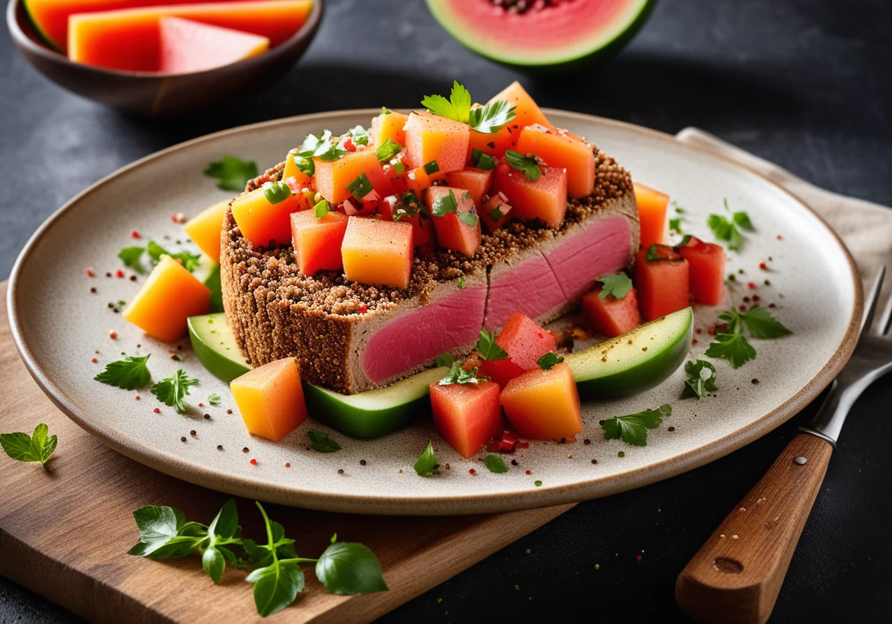 Tuna Steak in Pepper Crust with Melon Salsa