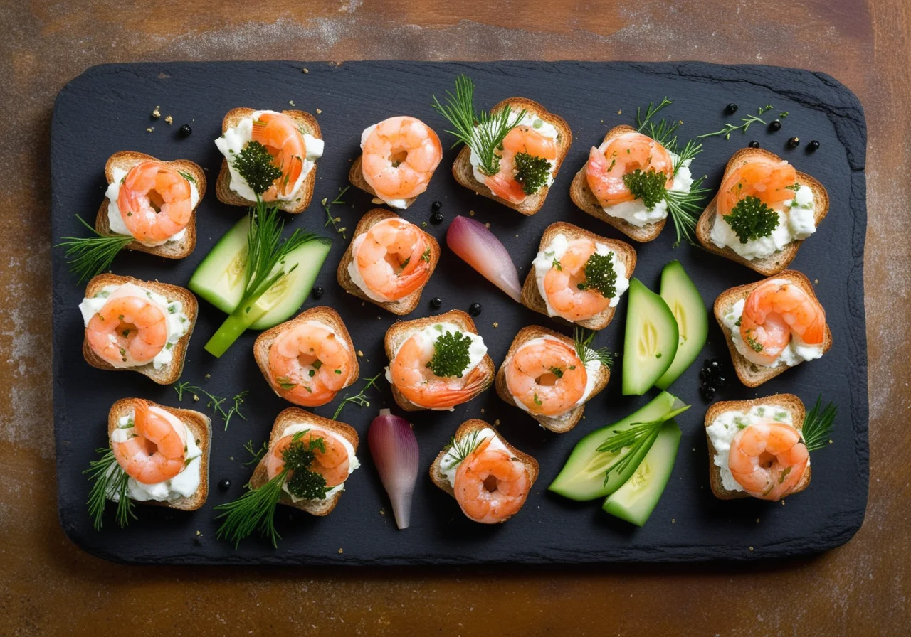 Canapés with Salmon, Shrimp, Caviar and Two Croutons