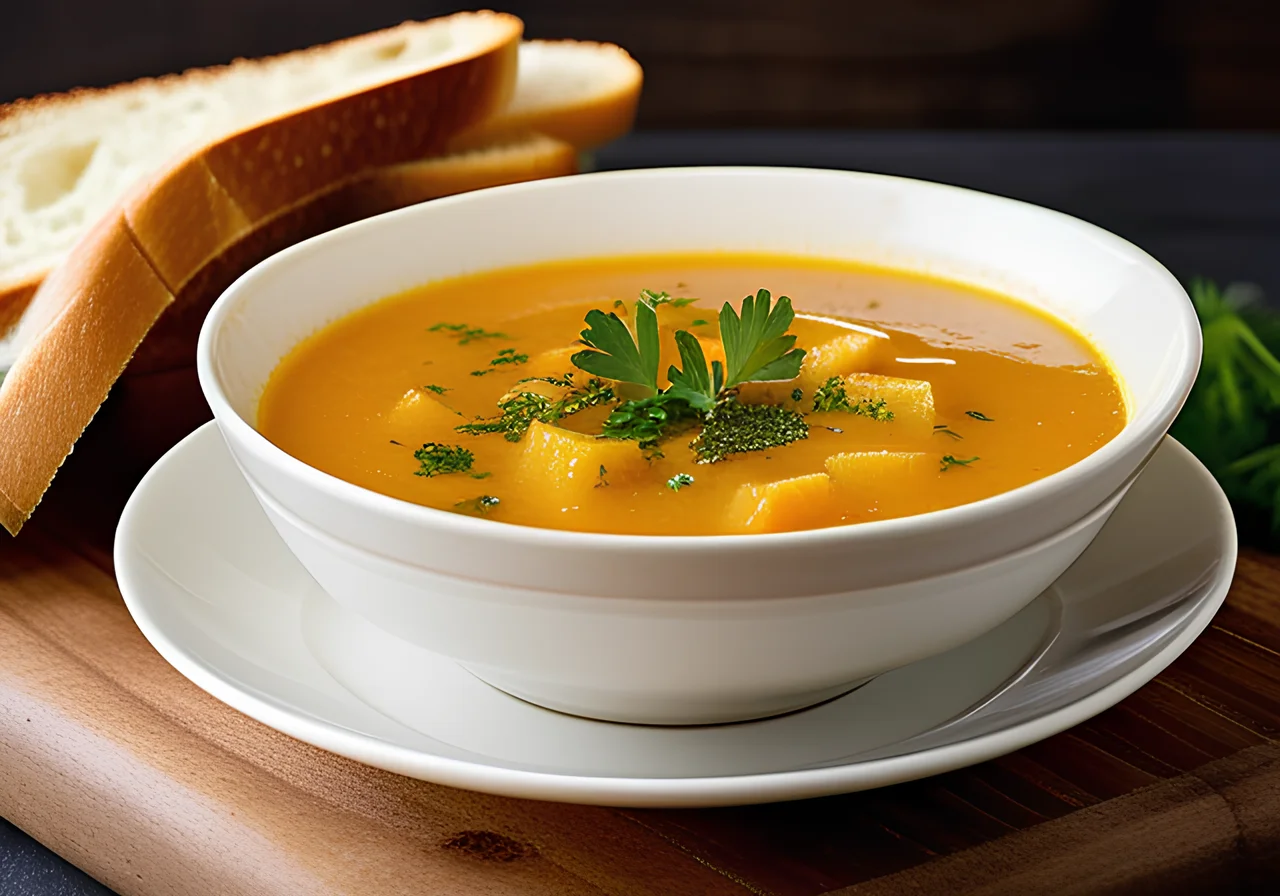 Root Vegetable Soup with Crunchy Garlic Bread