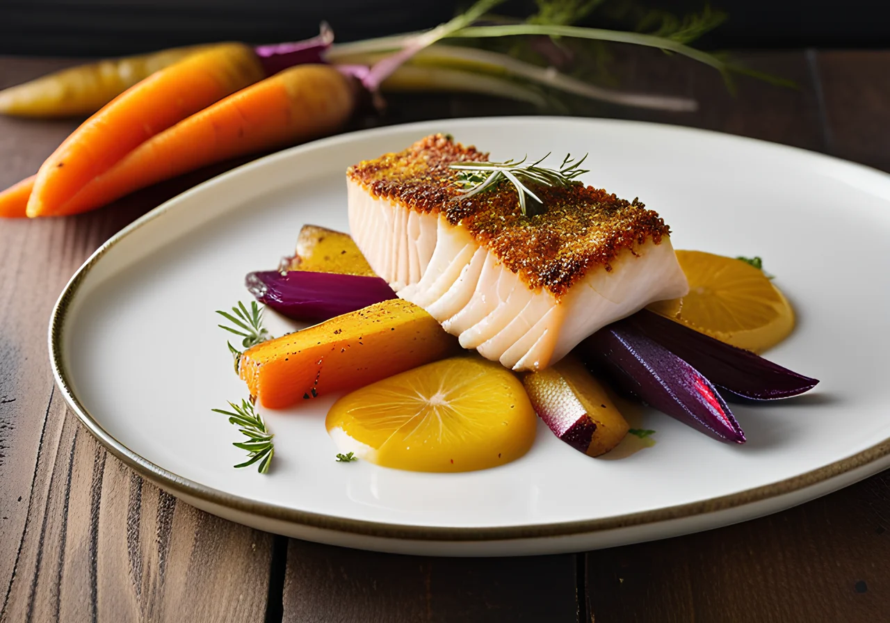 Cod with Mustard‑Almond Crust and Oven Roasted Vegetables