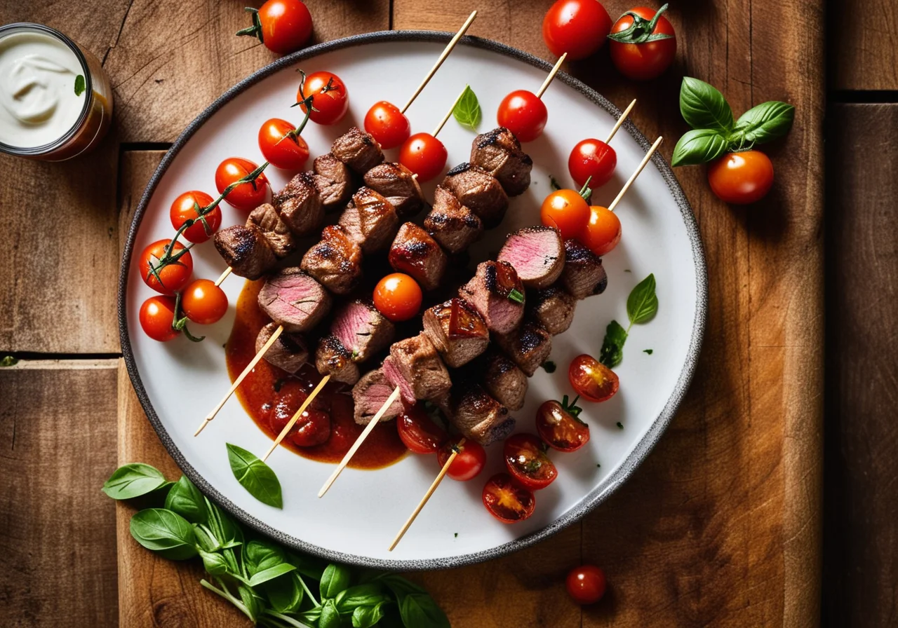 Spicy Meat Skewers with Garlic Cherry Tomato Sauce