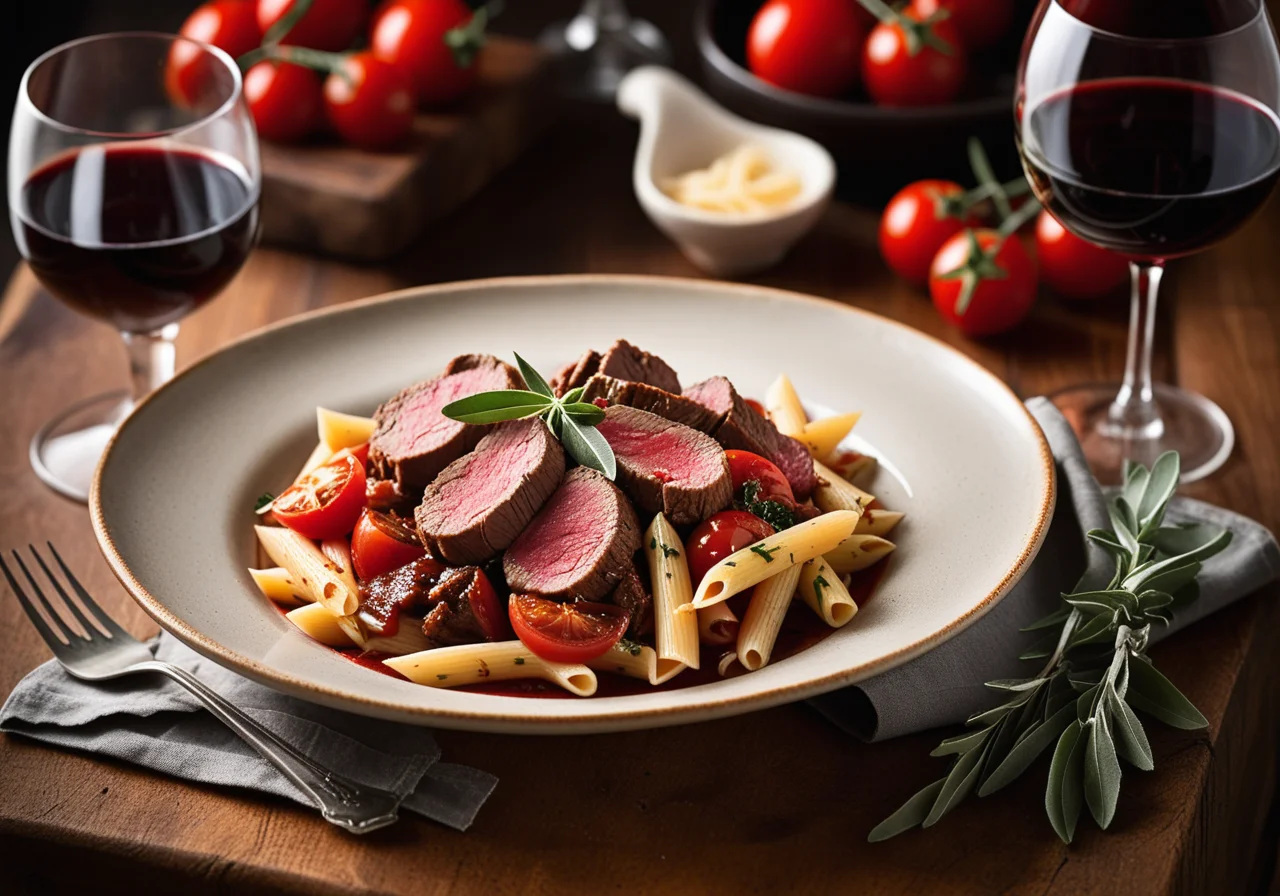 Lamb Fillet with Red Wine Sauce and Pasta