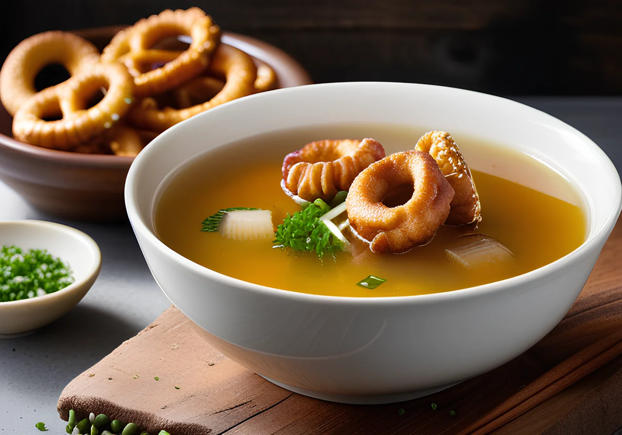 Spicy Broth with Pretzel Croutons