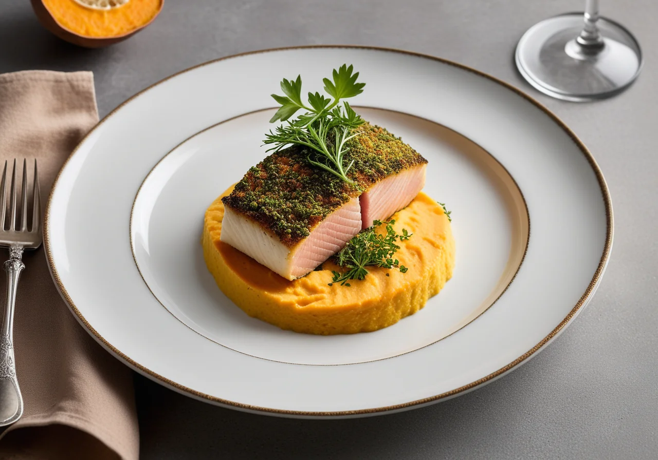 Zander mit Kräuterkruste auf Süßkartoffelpüree