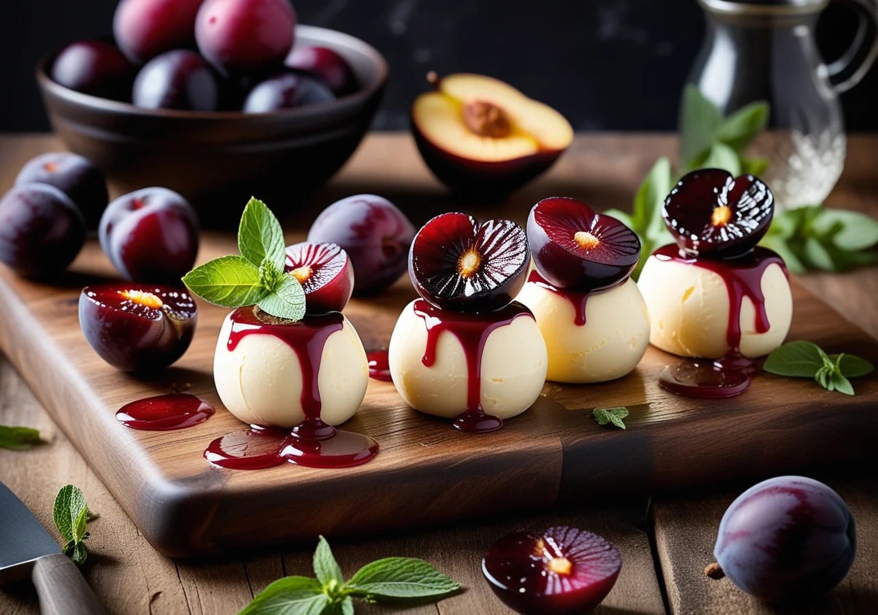 Cream cheese balls with grilled plums and lemongrass