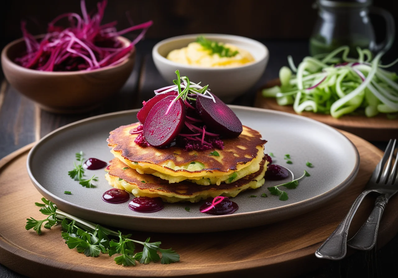Small Potato Pancakes with Bismarck Herring and Beetroot