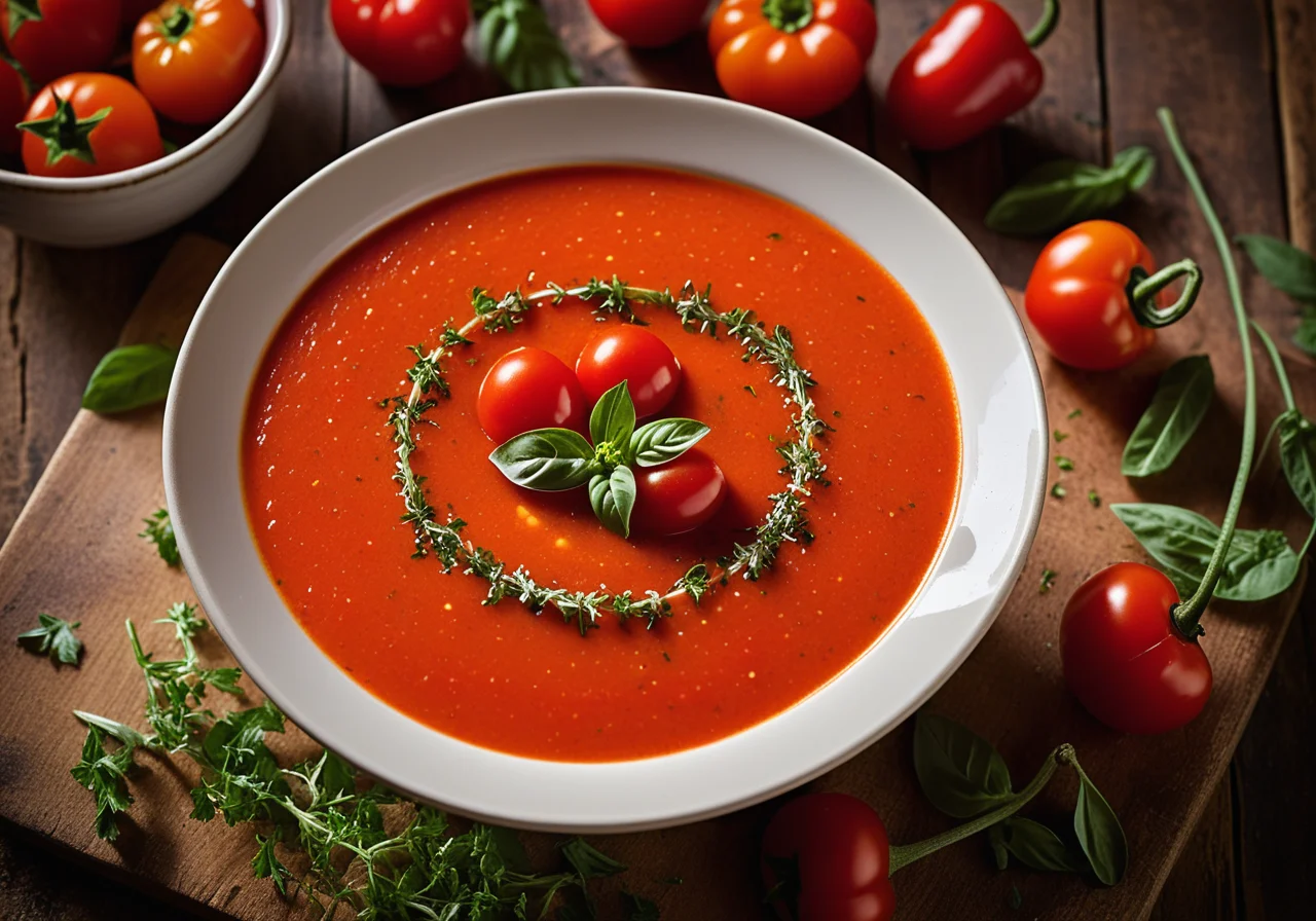 Cold Tomato Soup with Pepper Skewers