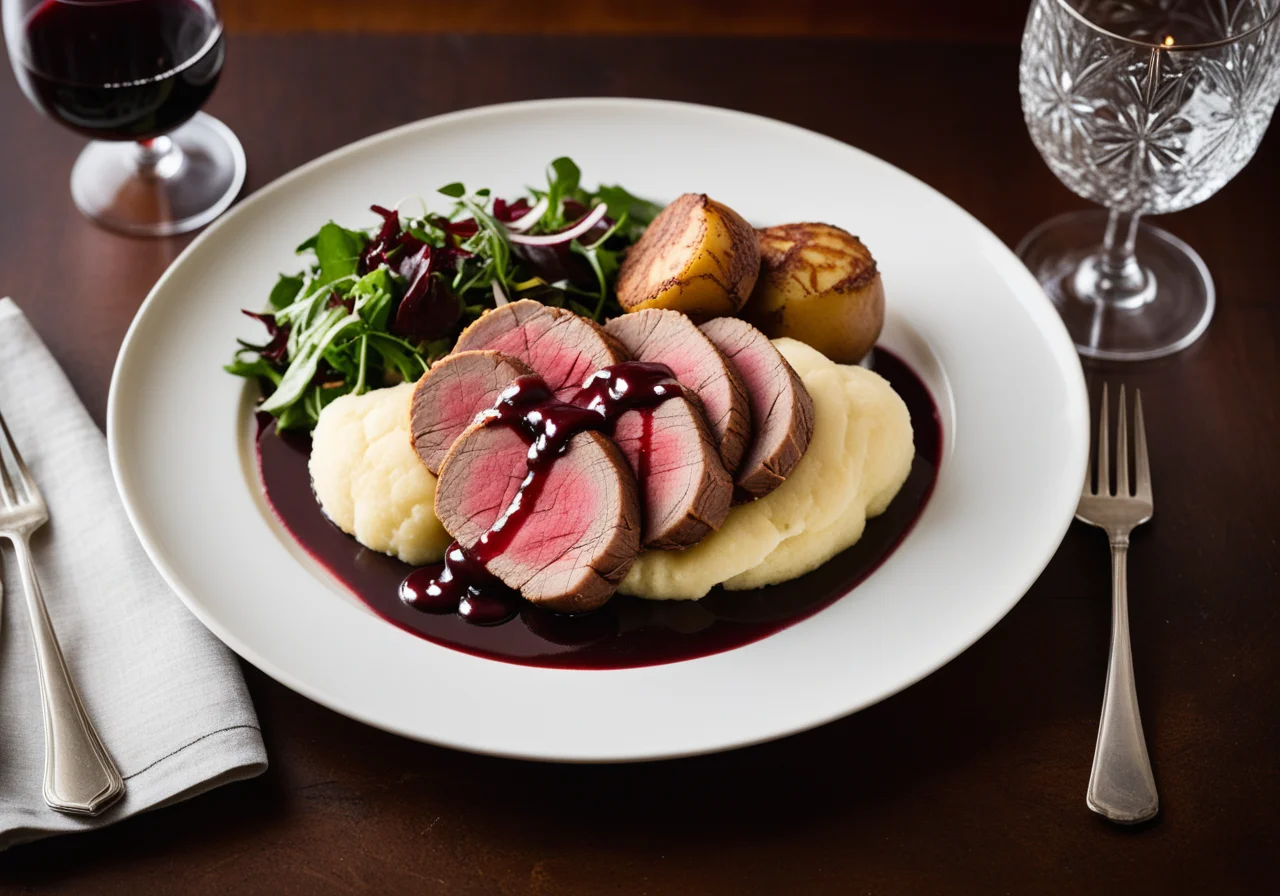 Veal Brisket in Red Wine Sauce with Potato Dumplings and Salad