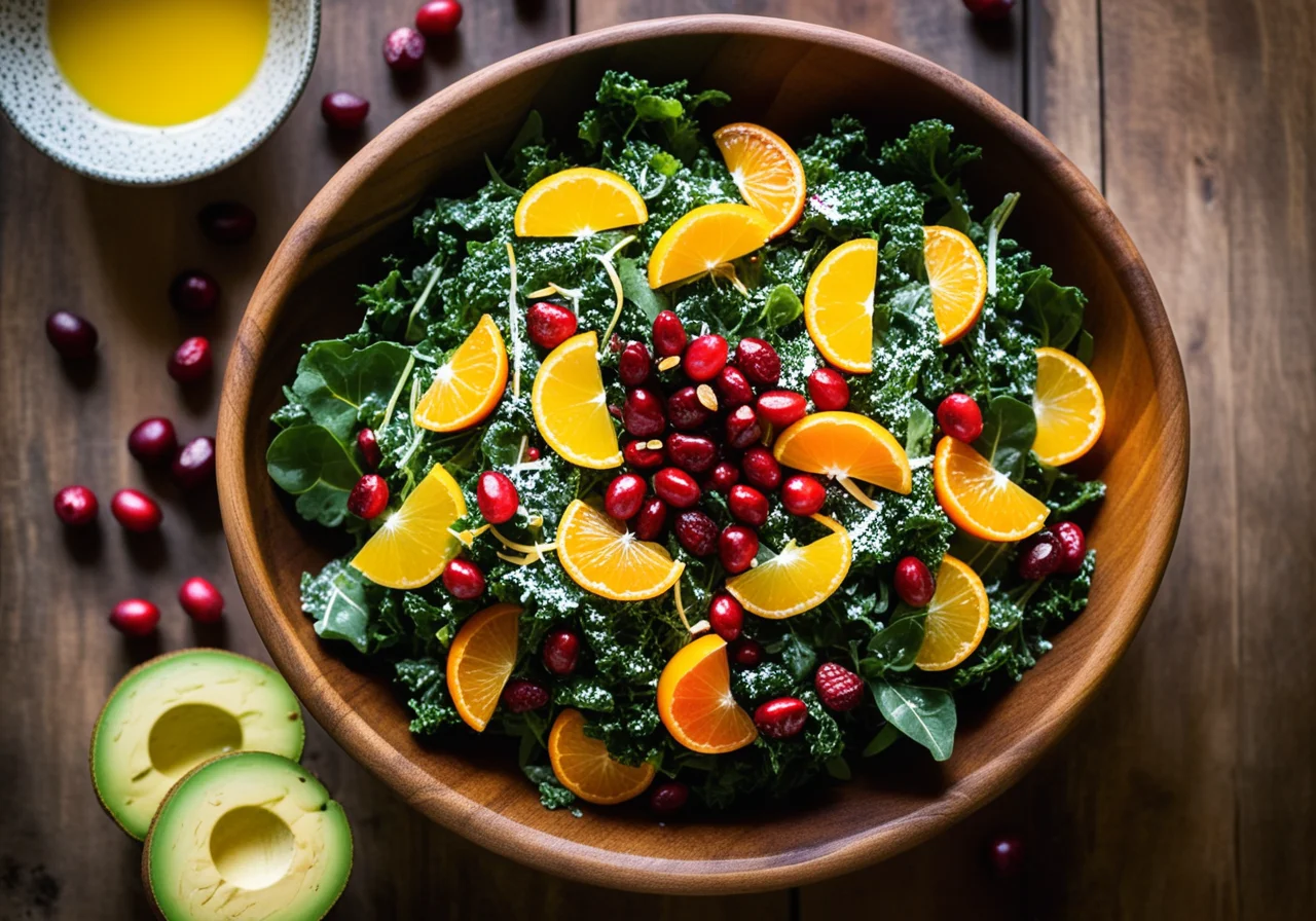 Kale Avocado Salad with Goji Berries and Pomegranate Kumquat Dressing