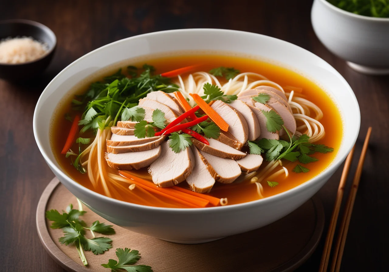 Spicy Asian Soup with Glass Noodles, Chicken and Vegetables