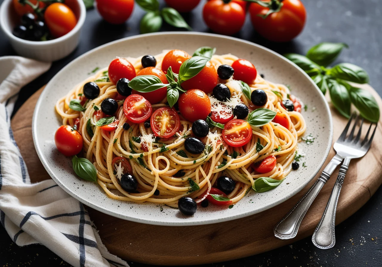 Pasta with Cocktail Tomatoes, Olives and Parmesan