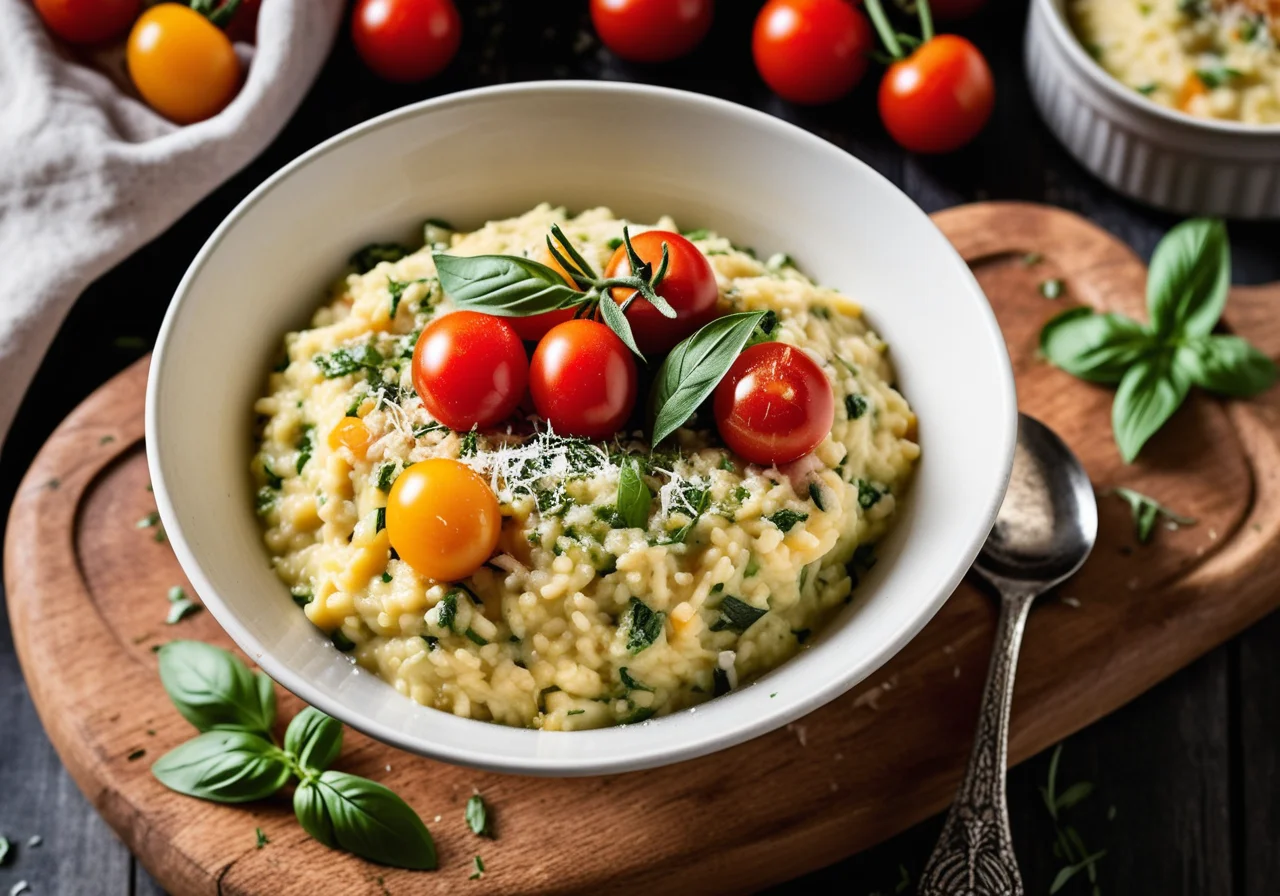 Vegetable Risotto with Toasted Bread, Pesto and Rosemary