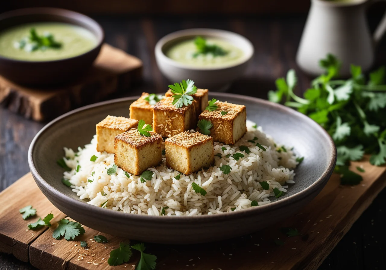 Crispy Tofu with Coconut Sauce on Cilantro Rice with Cashew Sauce