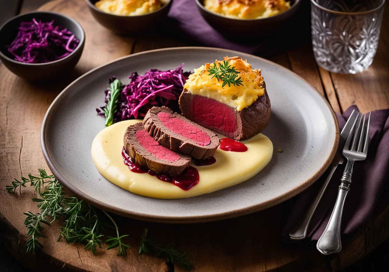 Stuffed Beef Fillet with Red Cabbage and Potato Gratin