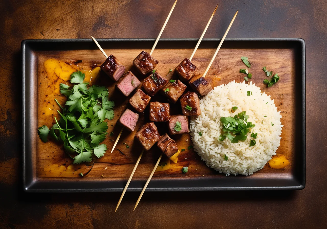 Kalbfleischspieße auf knusprigem Reis