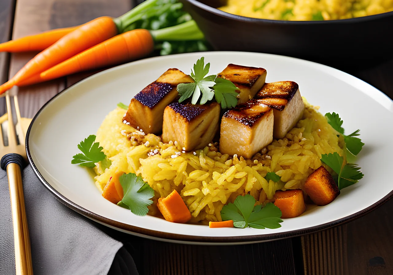 Curry Rice Skillet with Chinese Cabbage, Carrot Strips and Teriyaki Tofu