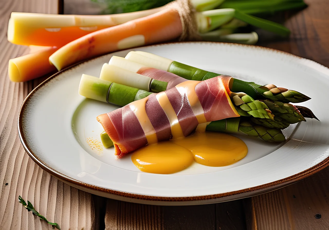 White Asparagus with Ham and Leek in Orange Mustard Sauce