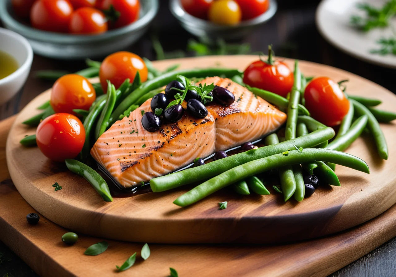 Salmon Fillets and Tomato-Olive Salad with Green Beans