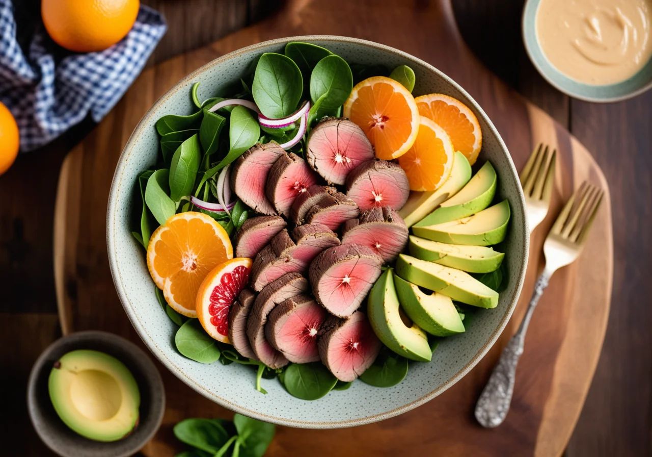 Fruitful Spinach Salad with Avocado and Lamb
