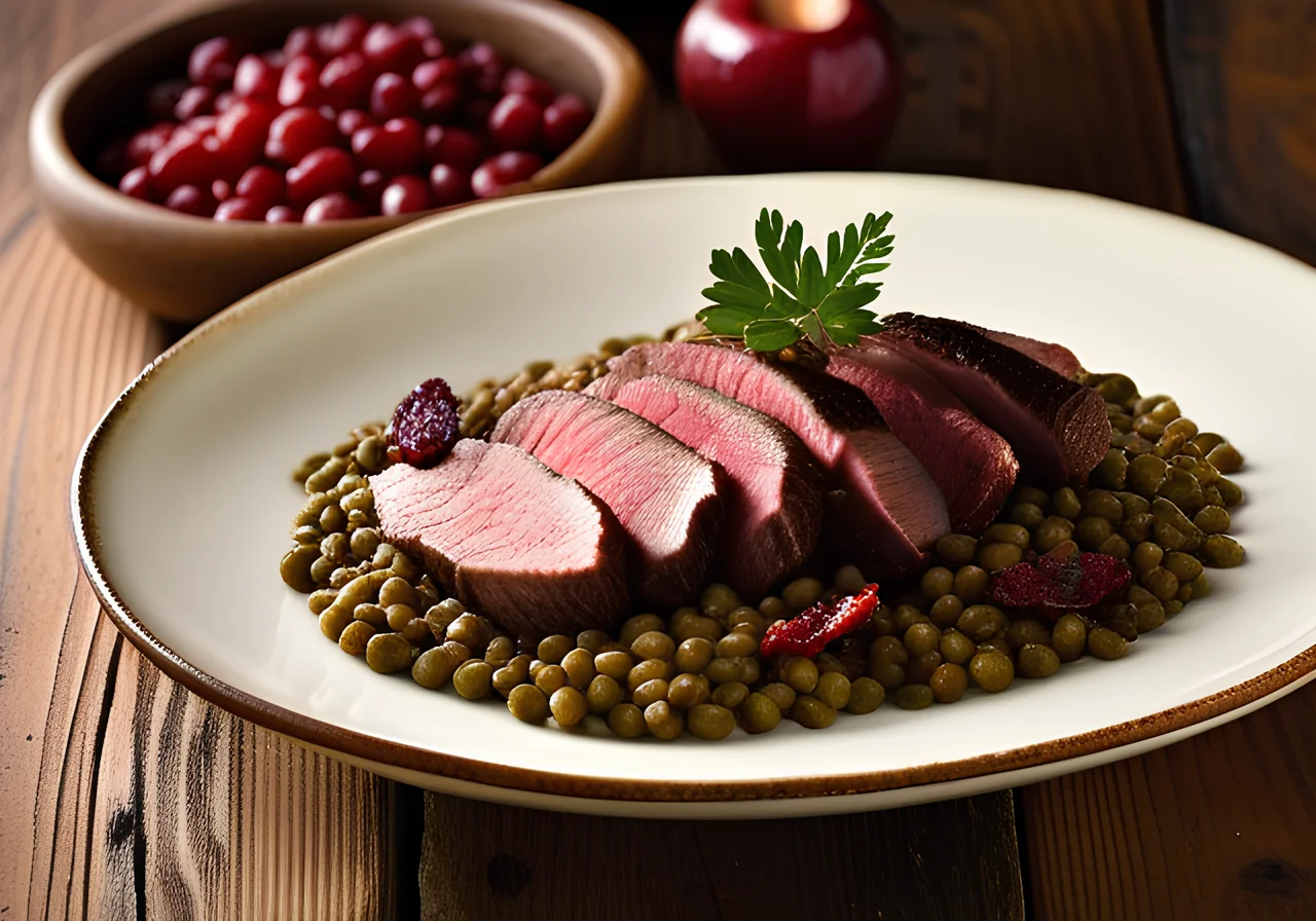 Venison Steaks on Lentils with Bacon, Apple Slices and Lingonberries