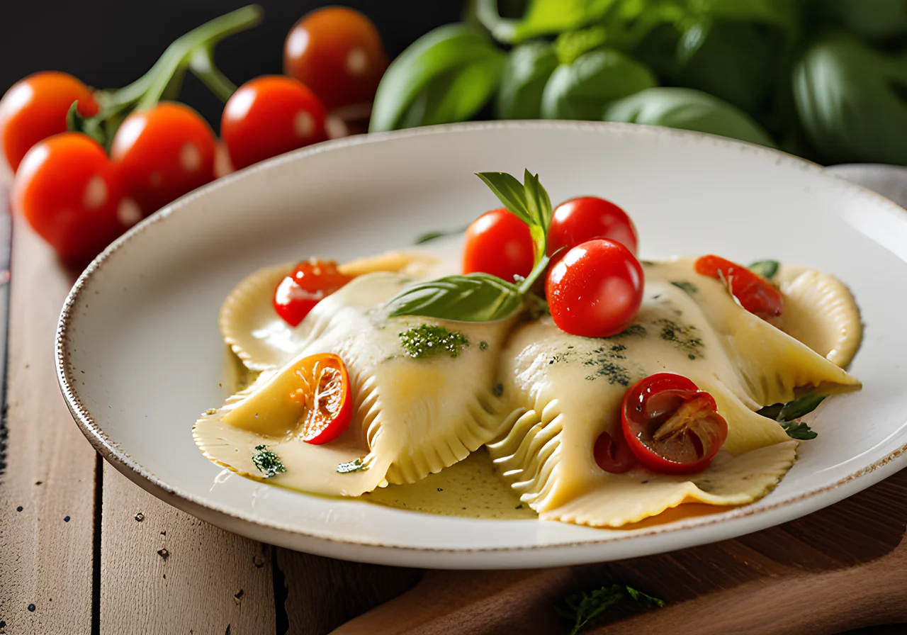 Baked Ravioli with Pesto and Cherry Tomatoes