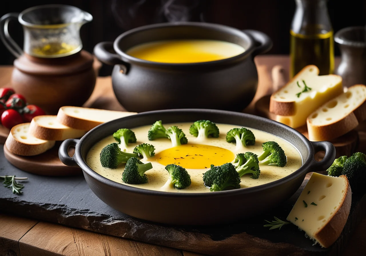 Cheese Fondue with Marinated Broccoli and Sun-Dried Tomatoes