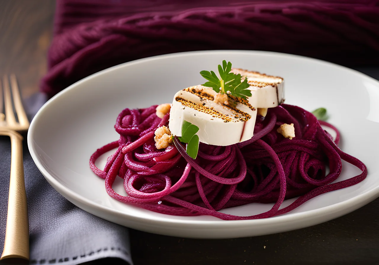 Beetroot Noodle Salad with Baked Goat Cheese