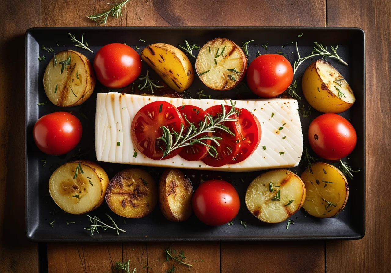 Halibut Fillet with Braised Tomatoes and Roasted Potatoes