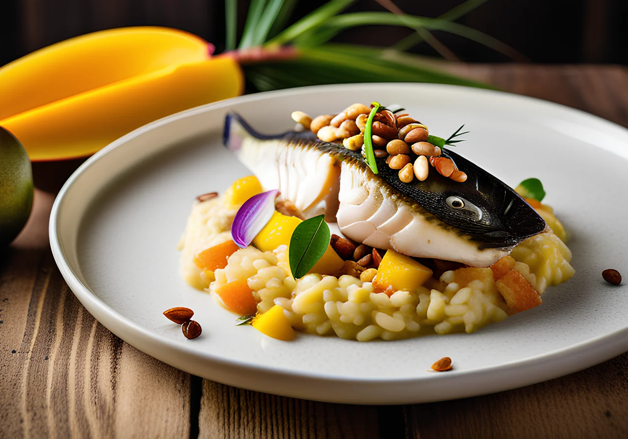 Bajan Parrotfish with Colorful Vegetables and Mango‑Coconut Risotto