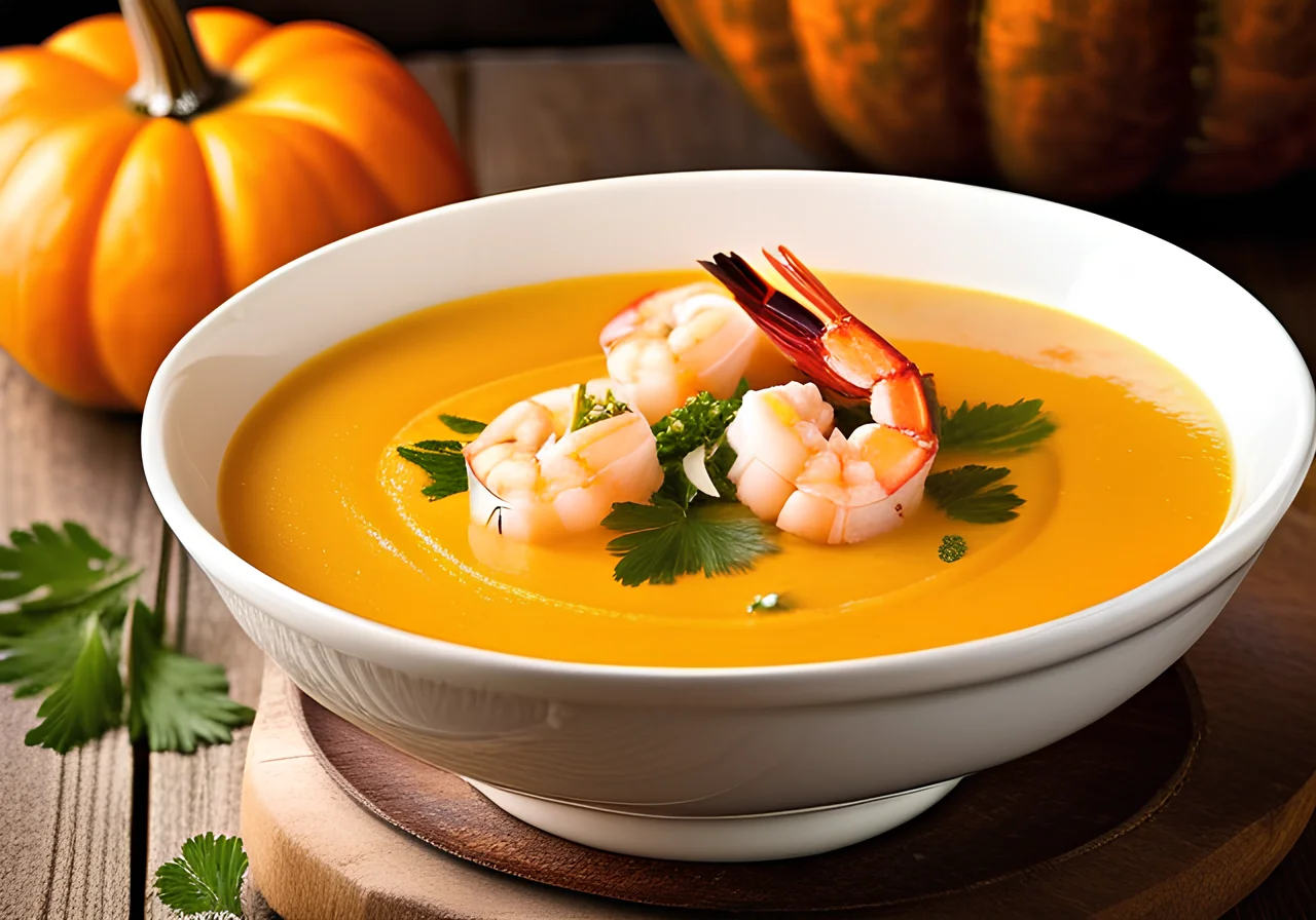 Pumpkin-Mango Cream Soup with Shrimp