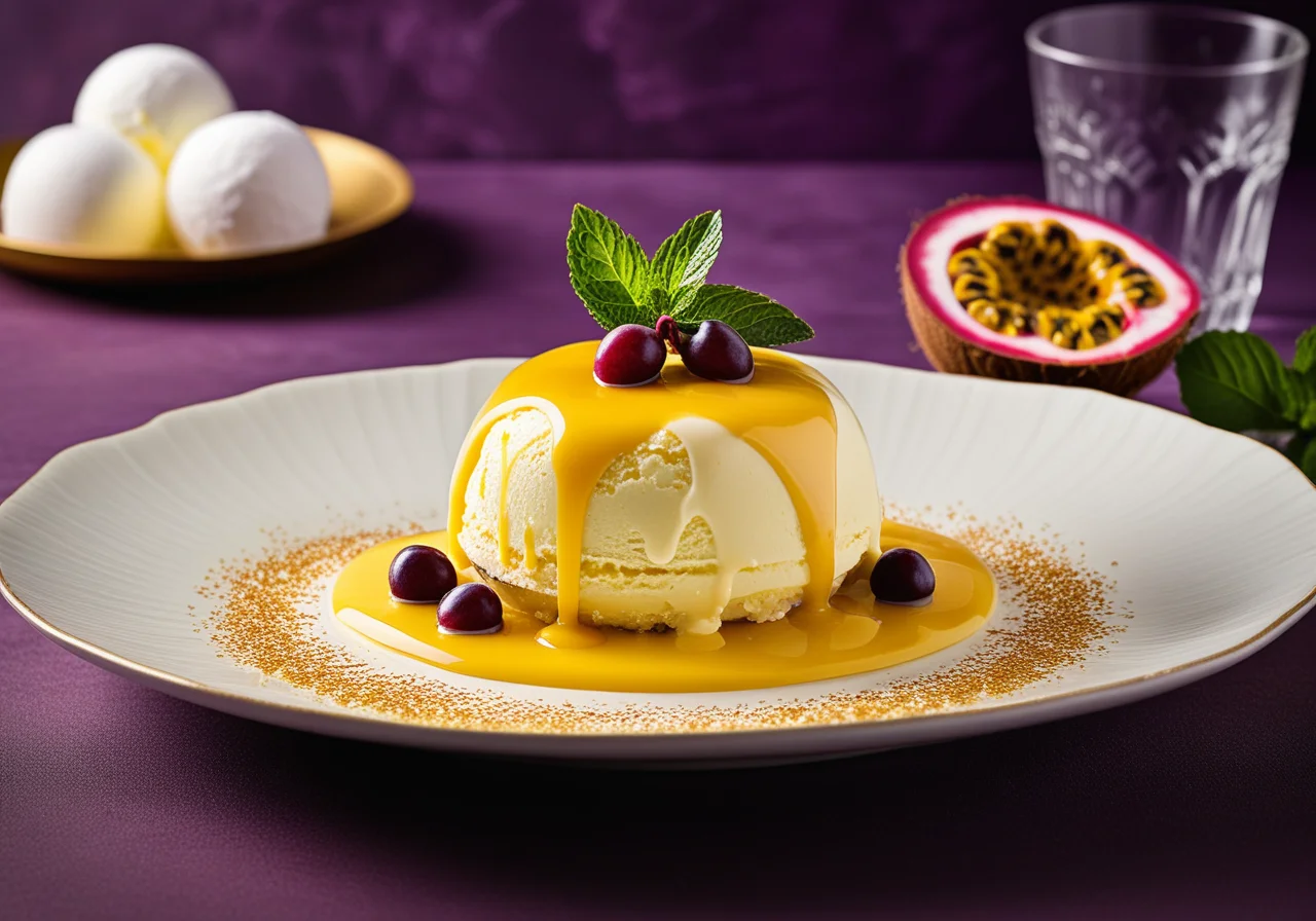 Coconut Lemon Ice Cream with Passion Fruit Sauce