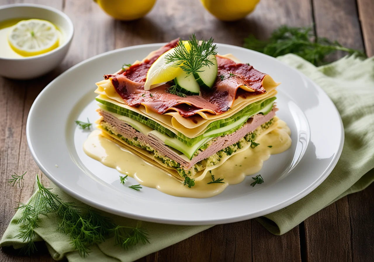 Lasagna Sheets with Celery Stalks, Tuna and Cucumber