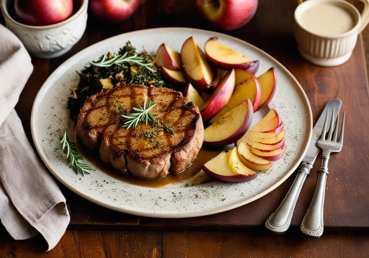 Herb-Crusted Meat with Apples, Potatoes and Onions