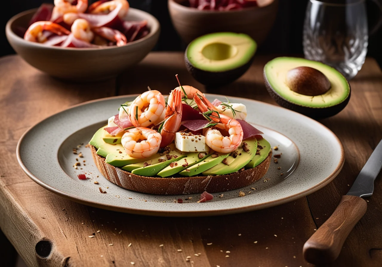 Toasted Bread with Avocado and Shrimp