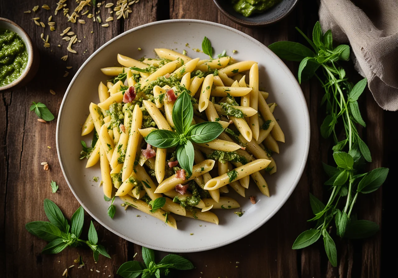 Casarecce with Pea Tarragon Pesto, Pancetta and Mint