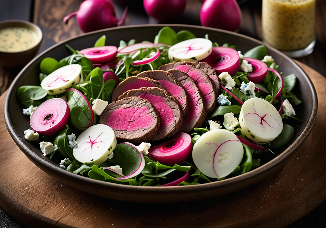 Leafy salad with entrecote and blue cheese