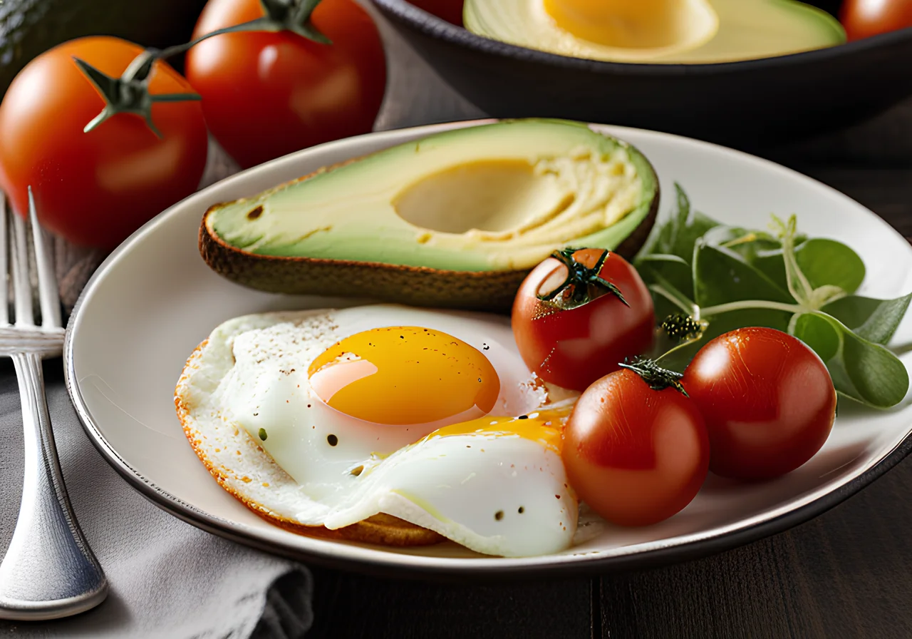 Hearty Breakfast with Fried Eggs, Avocado and Tomatoes