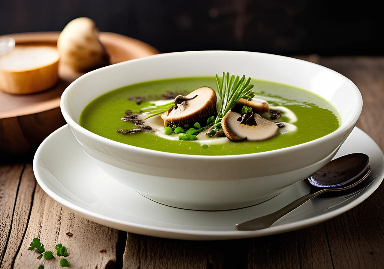 Broccoli Soup with Zucchini and Mushroom Garnish